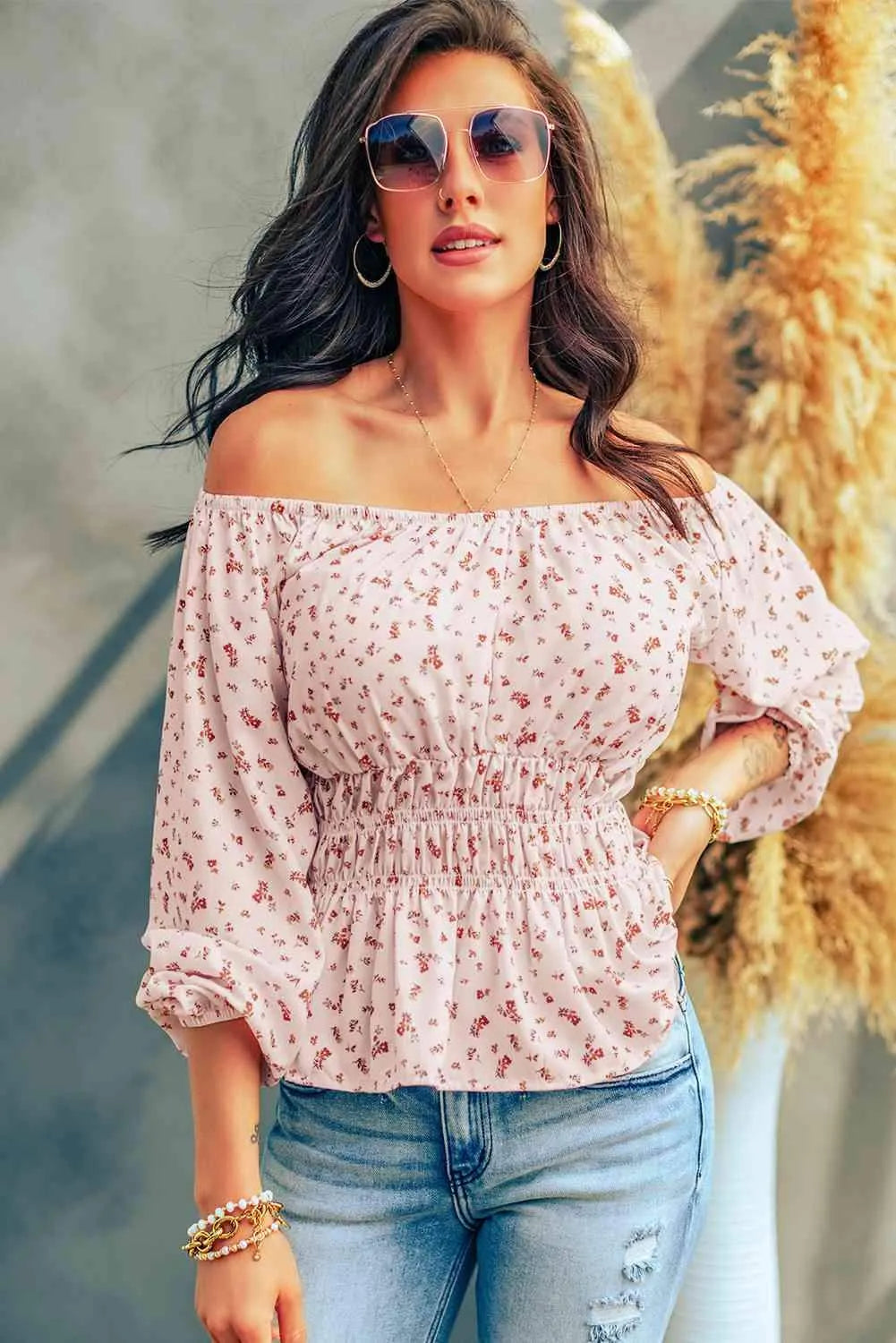 Ditsy Floral Off-Shoulder Peplum Blouse Blouses - Tophatter Daily Deals