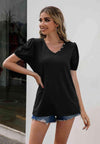 V-Neck Decorative Buttons Puff Sleeve Tee Women's T-Shirts - Tophatter Daily Deals