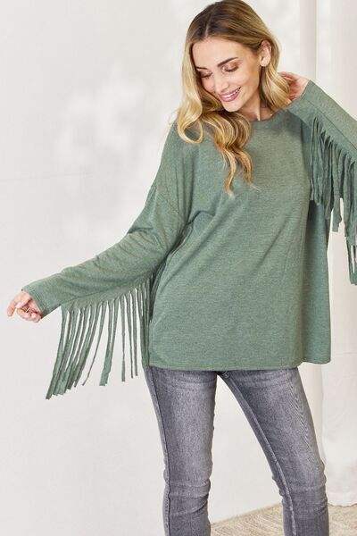 Celeste Full Size Fringe Detail Long Sleeve Top OLIVE Blouses - Tophatter Daily Deals