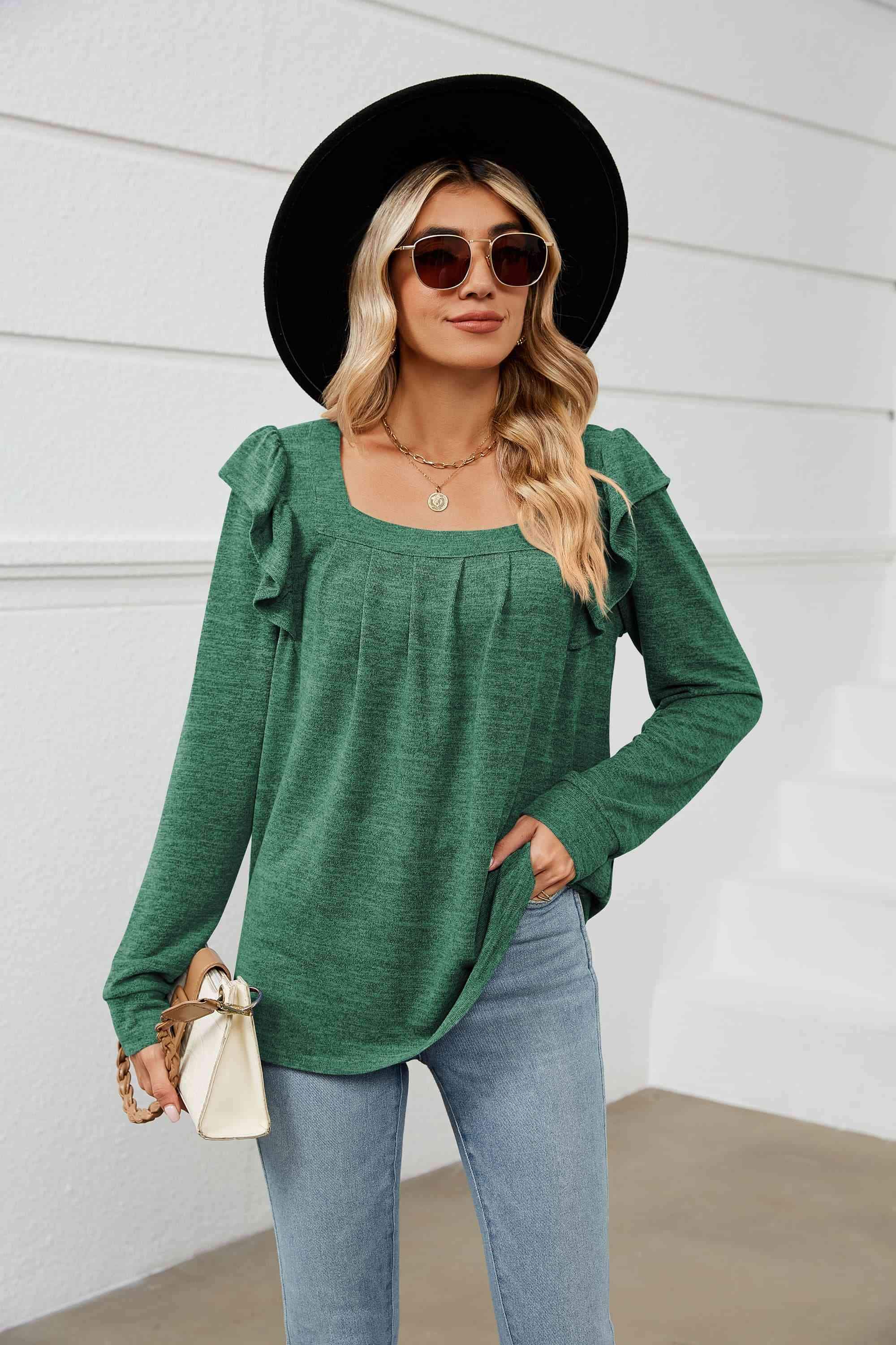 Square Neck Ruffle Shoulder Long Sleeve T-Shirt Green Women's T-Shirts - Tophatter Daily Deals