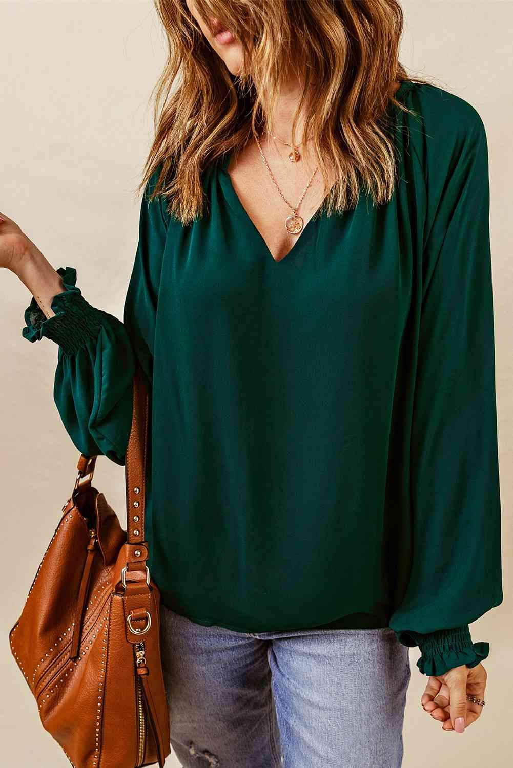 Notched Neck Lantern Sleeve Blouse Blouses - Tophatter Daily Deals