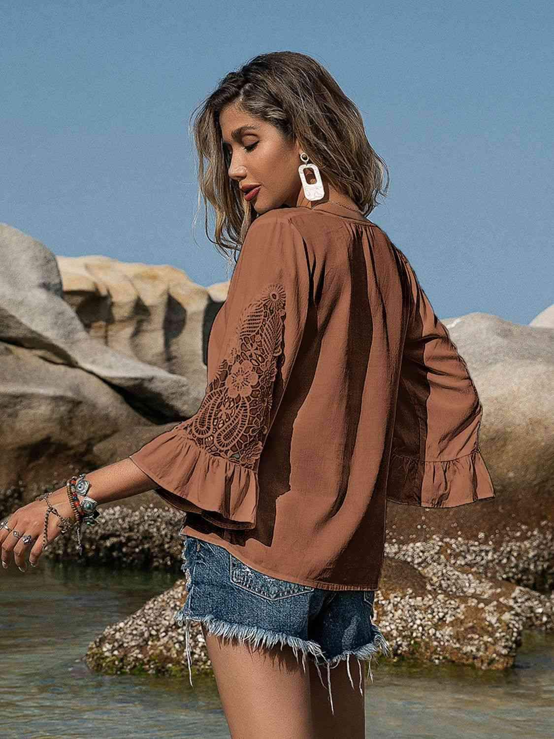 Openwork V-Neck Flounce Sleeve Blouse Blouses - Tophatter Daily Deals