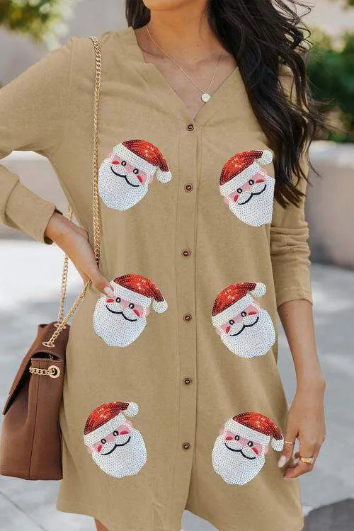 Sequin Santa Button Up Long Sleeve Cardigan Blouses - Tophatter Daily Deals