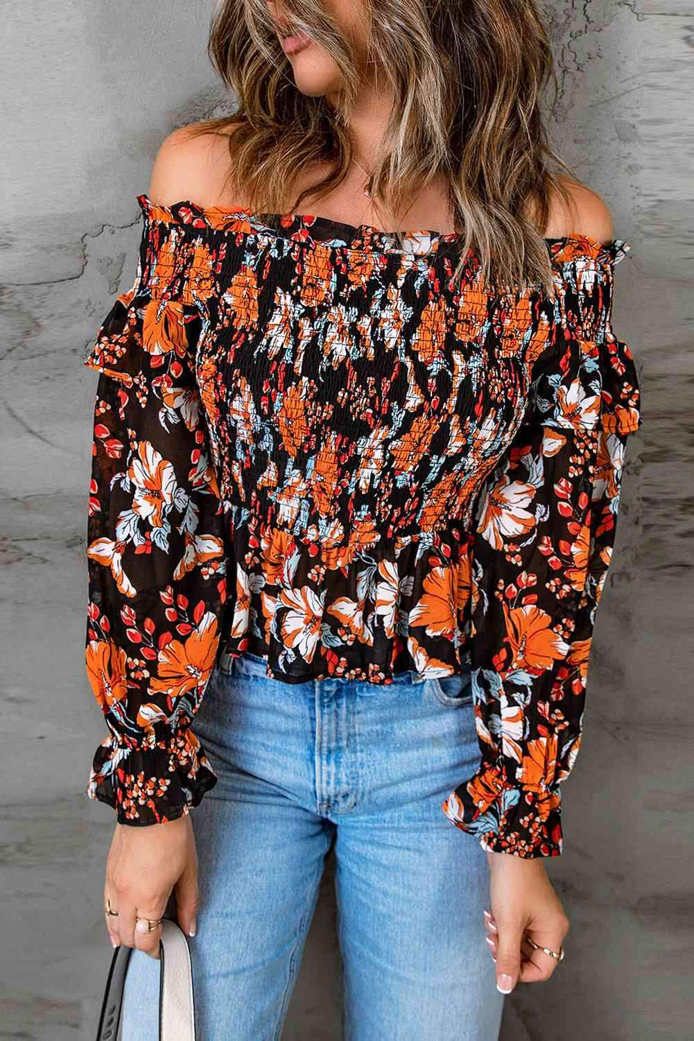 Floral Smocked Off-Shoulder Peplum Top Blouses - Tophatter Daily Deals