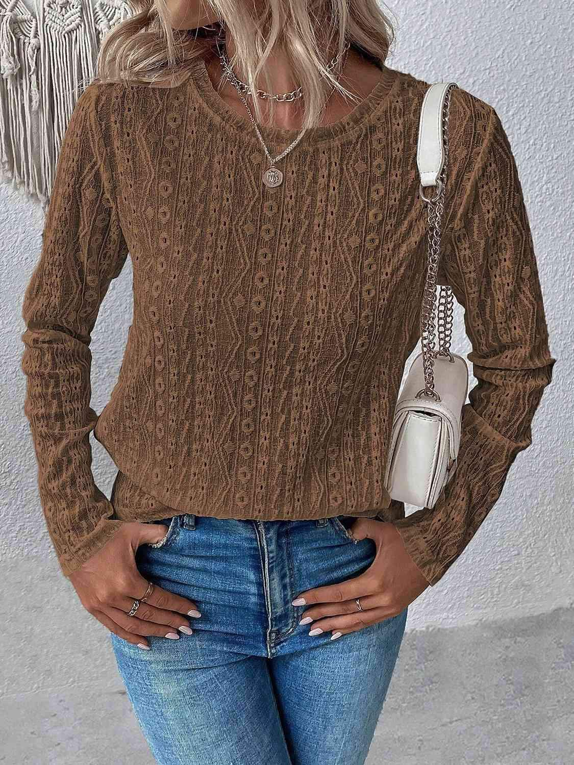 Eyelet Round Neck Long Sleeve Top Taupe Women's T-Shirts - Tophatter Daily Deals