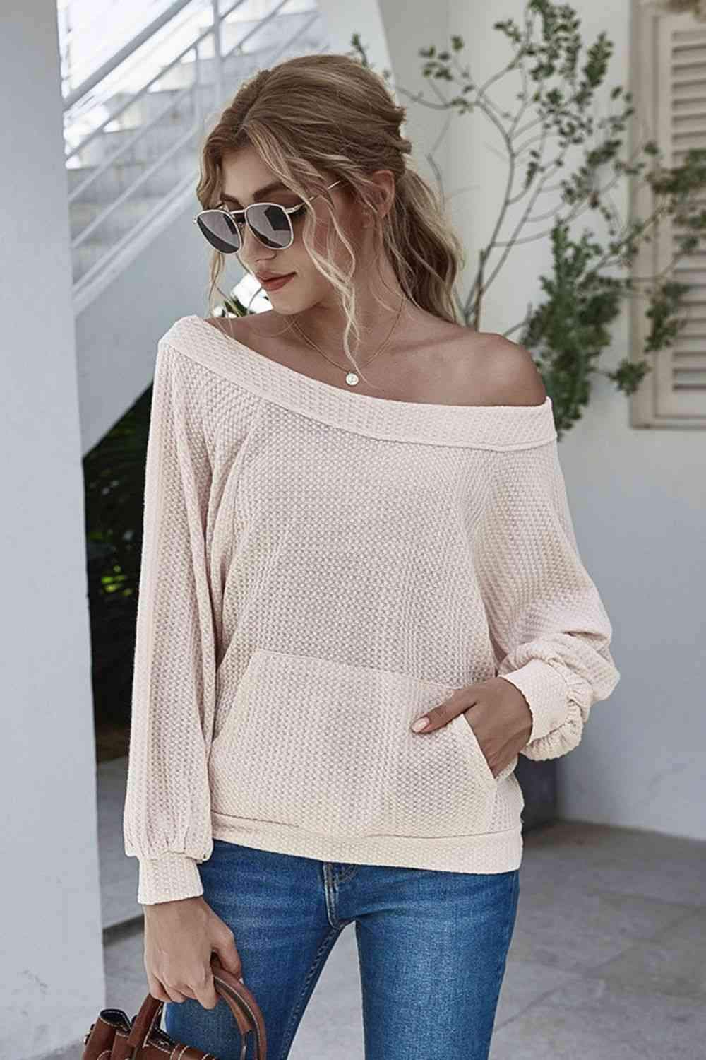 Boat Neck Waffle-Knit Lantern Sleeve Blouse with Pocket Blouses - Tophatter Daily Deals