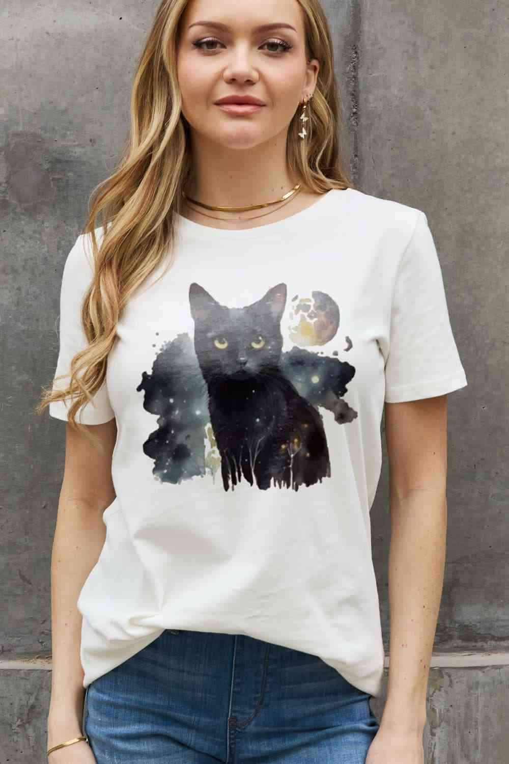 Simply Love Full Size Black Cat Graphic Cotton Tee Women's T-Shirts - Tophatter Daily Deals