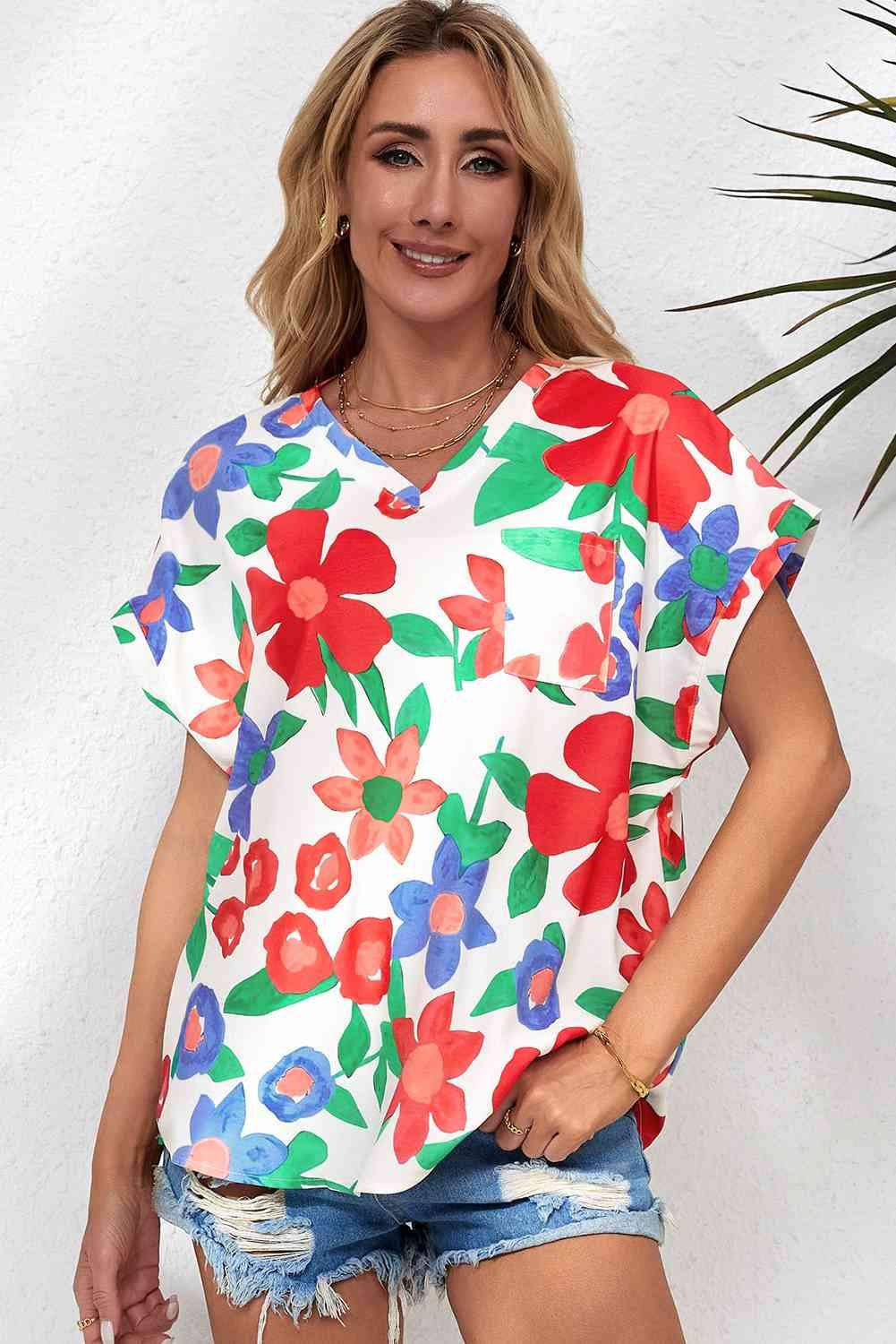 Floral V-Neck Short Sleeve Top Blouses - Tophatter Daily Deals