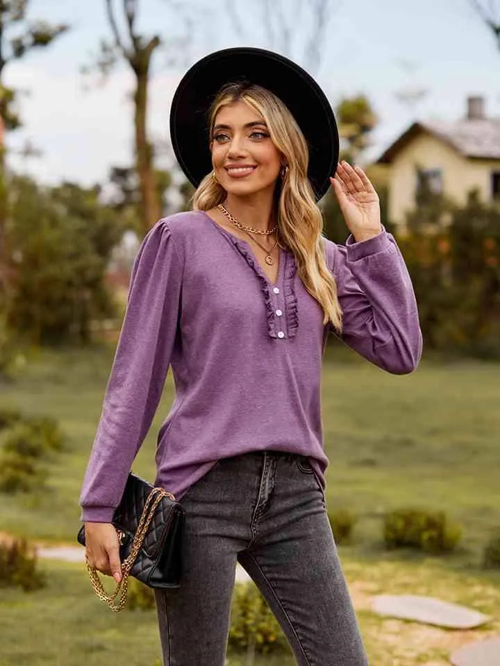 Puff Sleeve Ruffle Trim Blouse Blouses - Tophatter Daily Deals