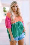 Color Block V-Neck Babydoll Blouse Blouses - Tophatter Daily Deals