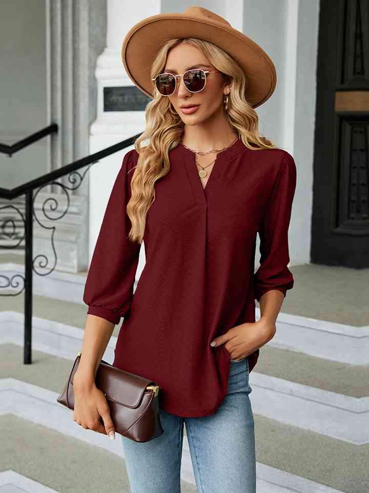 Notched Neck Three-Quarter Sleeve Blouse Women's T-Shirts - Tophatter Daily Deals