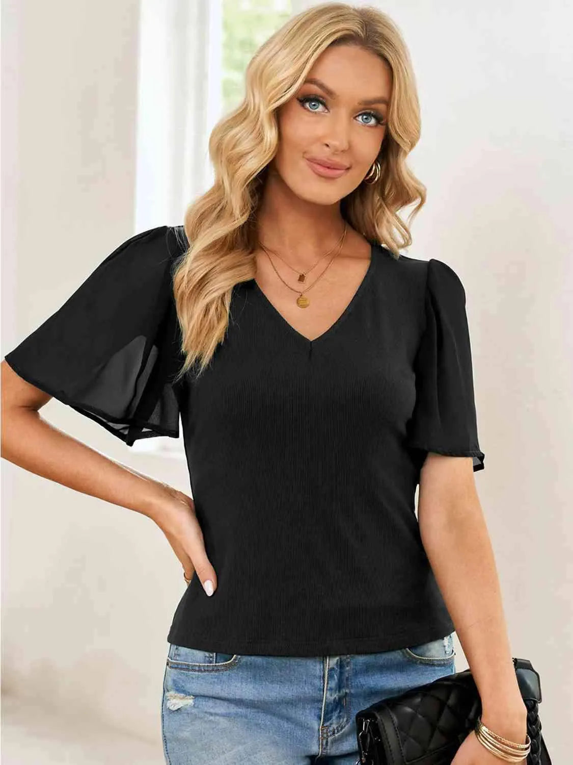 V-Neck Flutter Sleeve Top Black Blouses - Tophatter Daily Deals