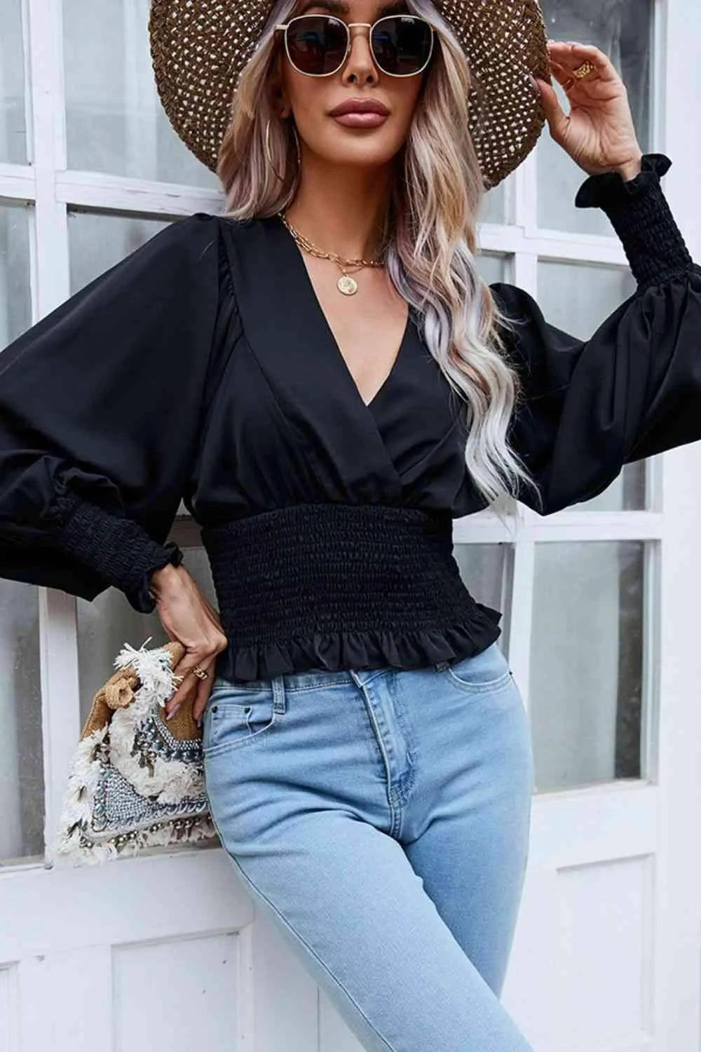 Surplice Neck Frill Trim Lantern Sleeve Smocked Waist Blouse Blouses - Tophatter Daily Deals