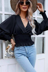 Surplice Neck Frill Trim Lantern Sleeve Smocked Waist Blouse Blouses - Tophatter Daily Deals