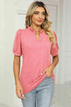 Notched Neck Puff Sleeve T-Shirt Coral Women's T-Shirts - Tophatter Daily Deals