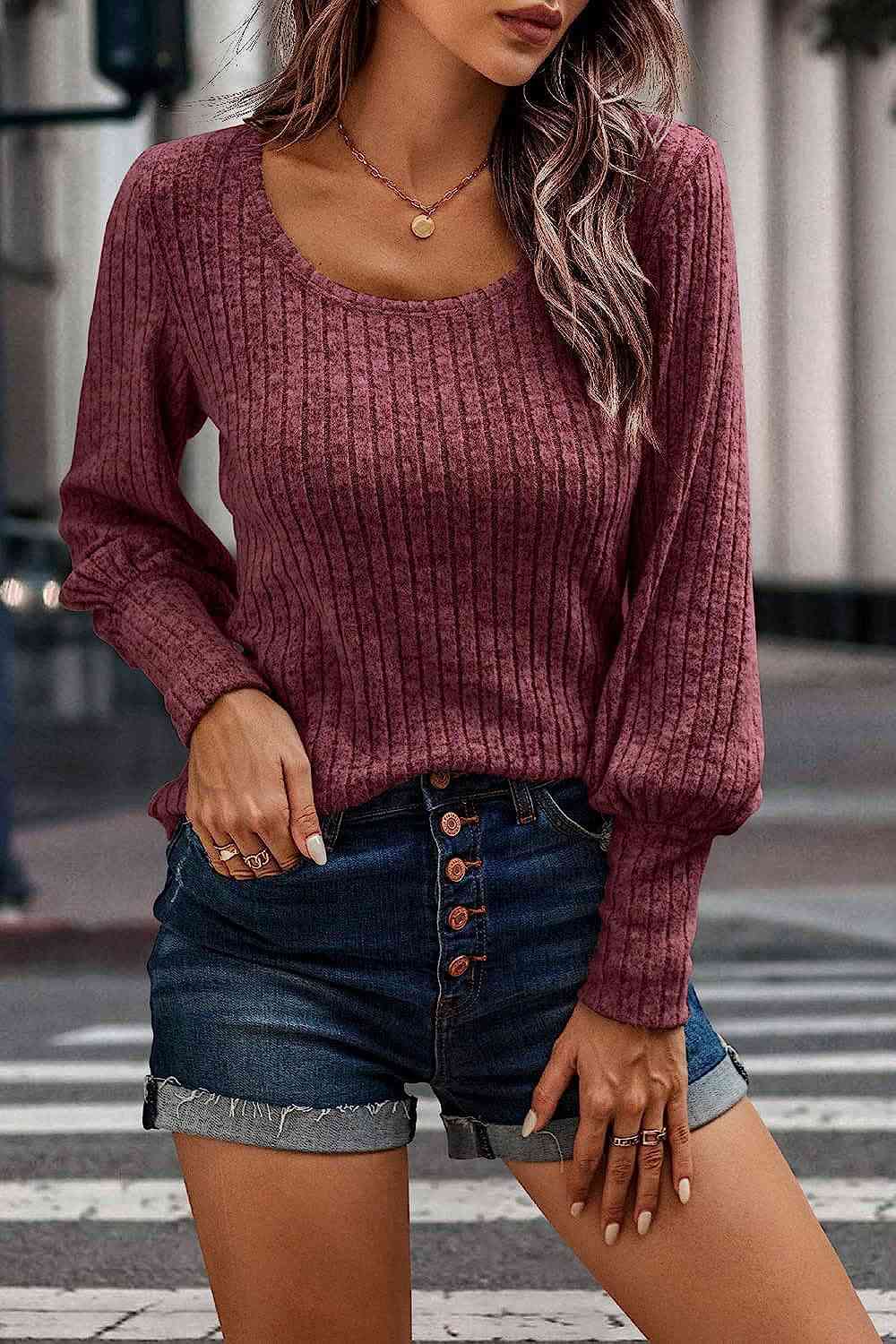 Ribbed Round Neck Lantern Sleeve Blouse - Tophatter Deals