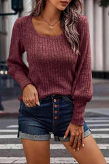 Ribbed Round Neck Lantern Sleeve Blouse Blouses - Tophatter Daily Deals