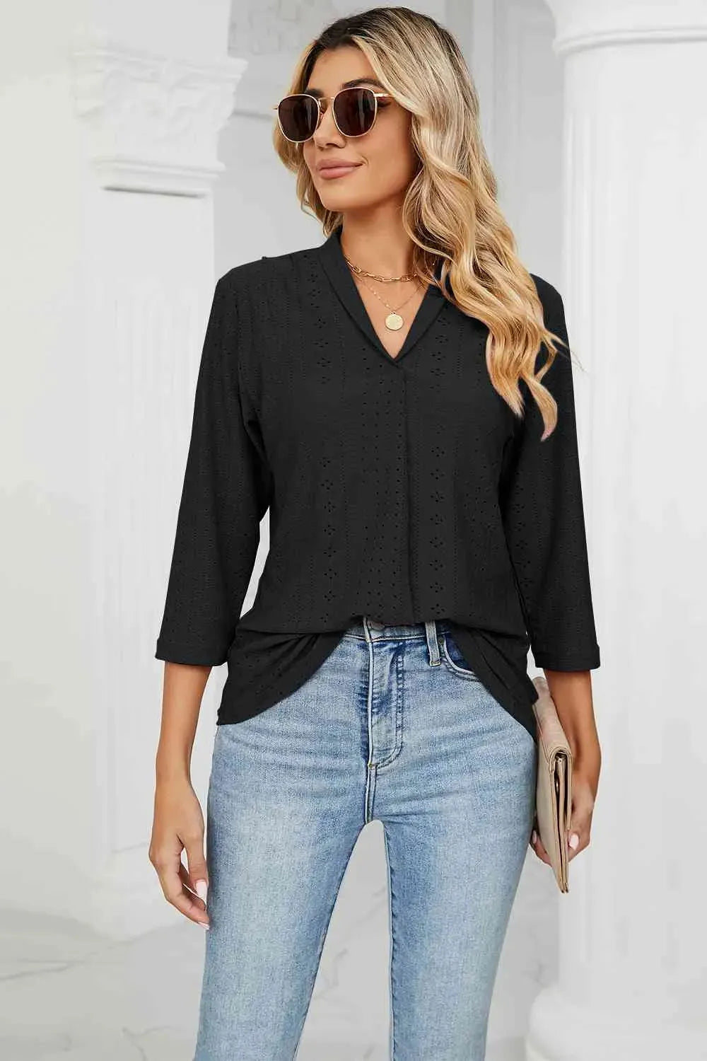 Eyelet Three-Quarter Sleeve Blouse Blouses - Tophatter Daily Deals