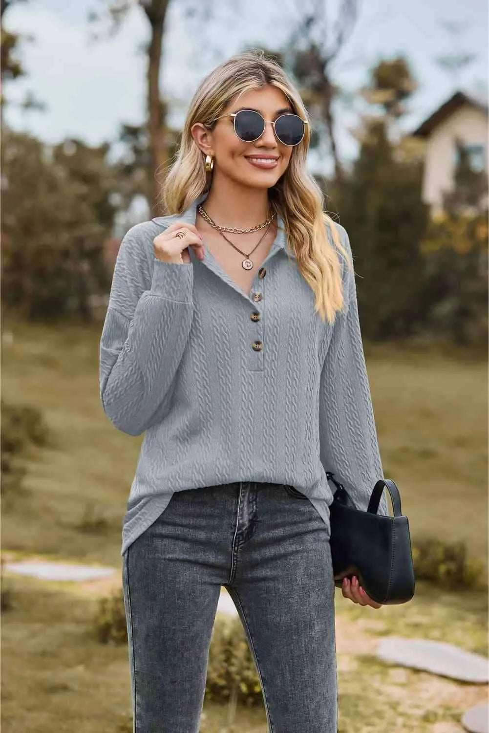 Collared Neck Long Sleeve Blouse Blouses - Tophatter Daily Deals
