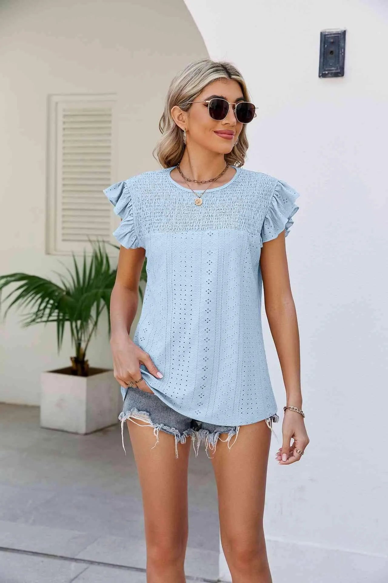 Smocked Round Neck Flutter Sleeve Top Blouses - Tophatter Daily Deals