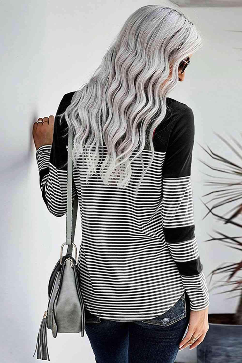 Striped Round Neck Long Sleeve T-Shirt Women's T-Shirts - Tophatter Daily Deals