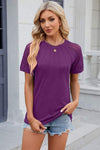 Openwork Round Neck Short Sleeve T-Shirt Fuchsia Women's T-Shirts - Tophatter Daily Deals