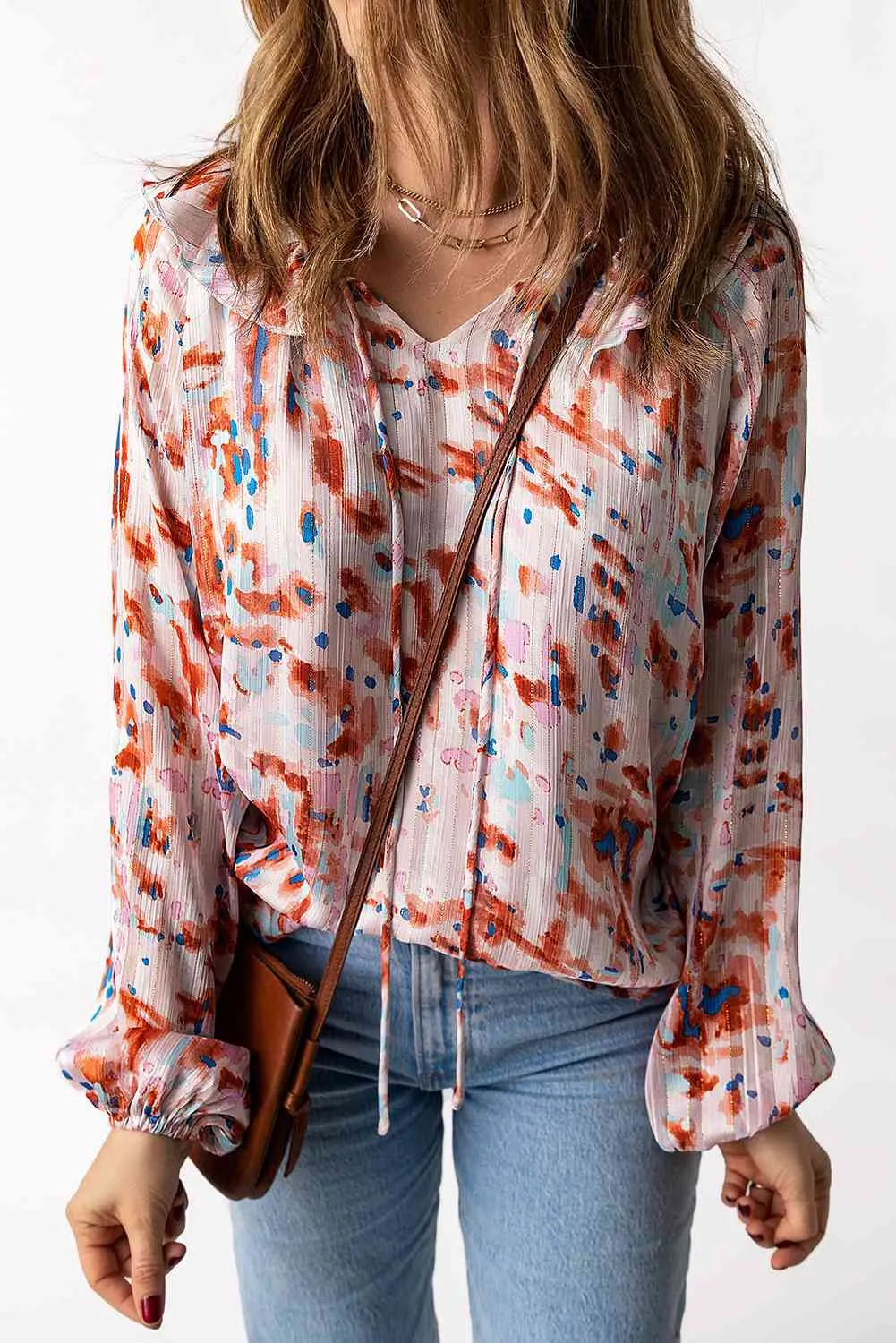 Printed Ruffled Balloon Sleeve Blouse Blouses - Tophatter Daily Deals