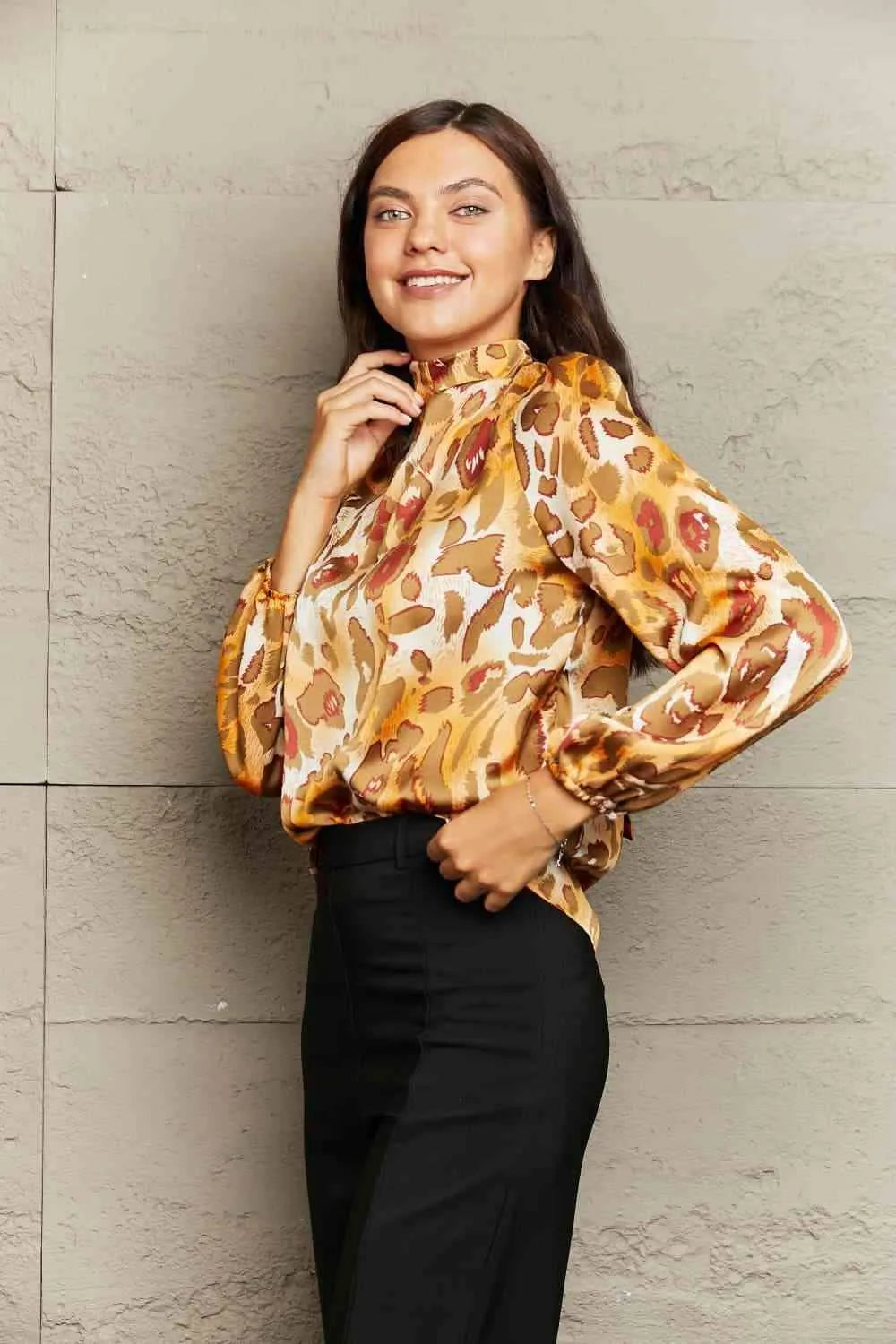 Printed Mock Neck Long Sleeve Blouse Blouses - Tophatter Daily Deals
