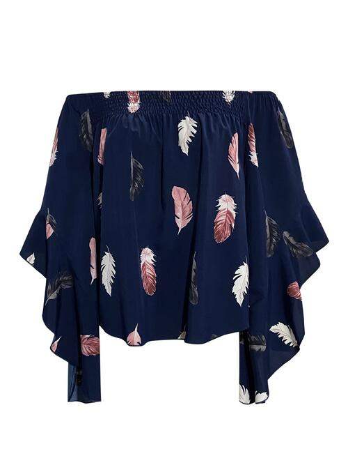 Feather Print Smocked Off-Shoulder Blouse Blouses - Tophatter Daily Deals