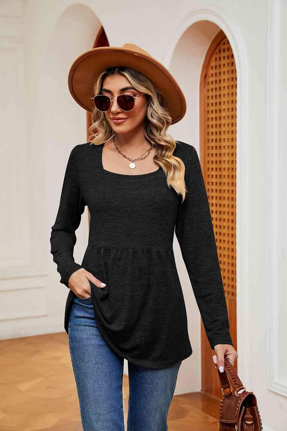 Square Neck Long Sleeve Peplum Top Black Women's T-Shirts - Tophatter Daily Deals