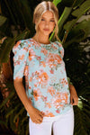 Summer Lover Floral Puff Sleeve Round Neck Blouse Mint Blue Blouses - Tophatter Daily Deals