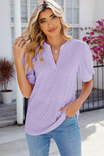 Eyelet Notched Puff Sleeve T-Shirt Women's T-Shirts - Tophatter Daily Deals