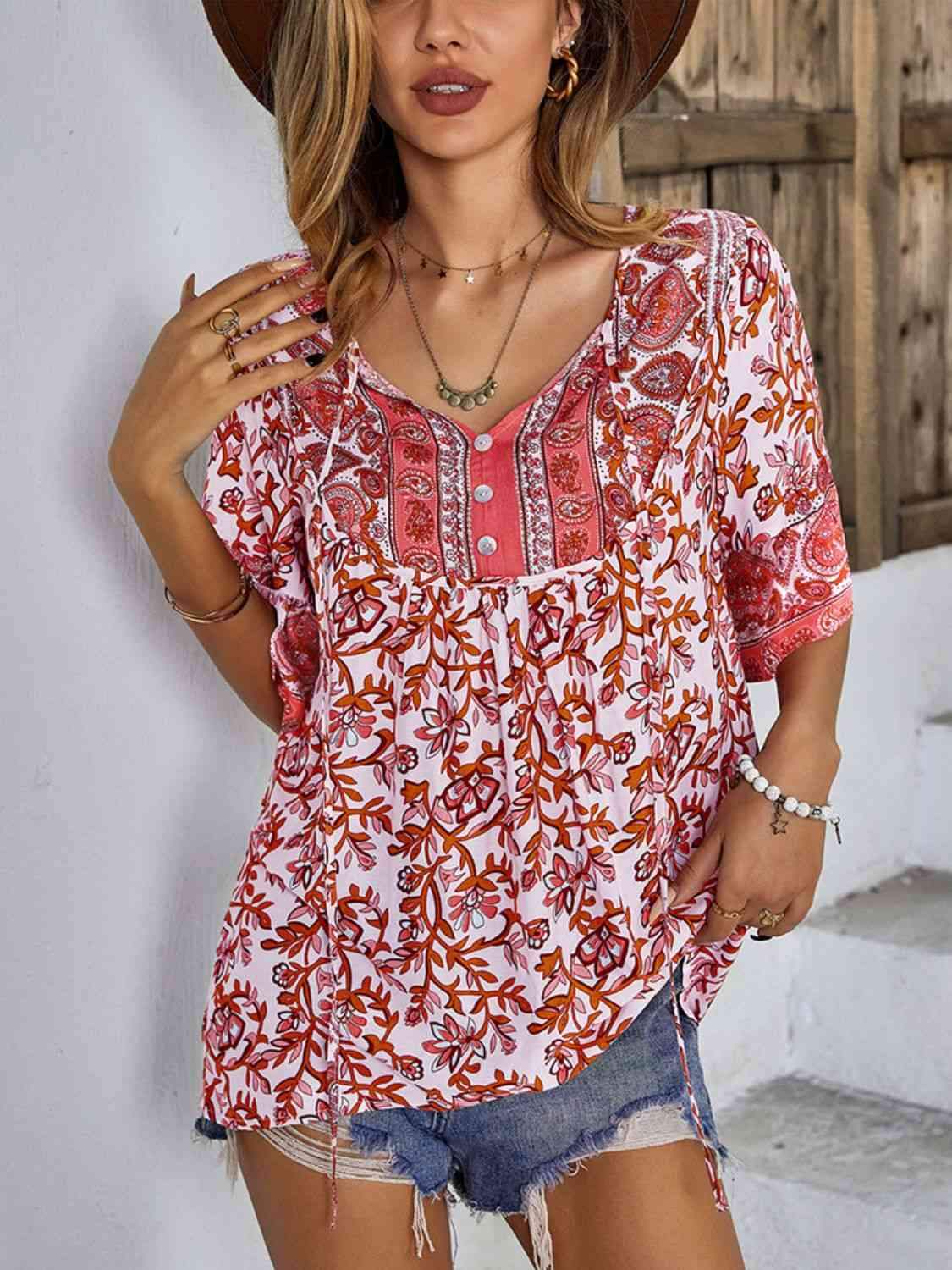 Printed Tie Neck Half Sleeve Tunic Blouse Deep Red Blouses - Tophatter Daily Deals