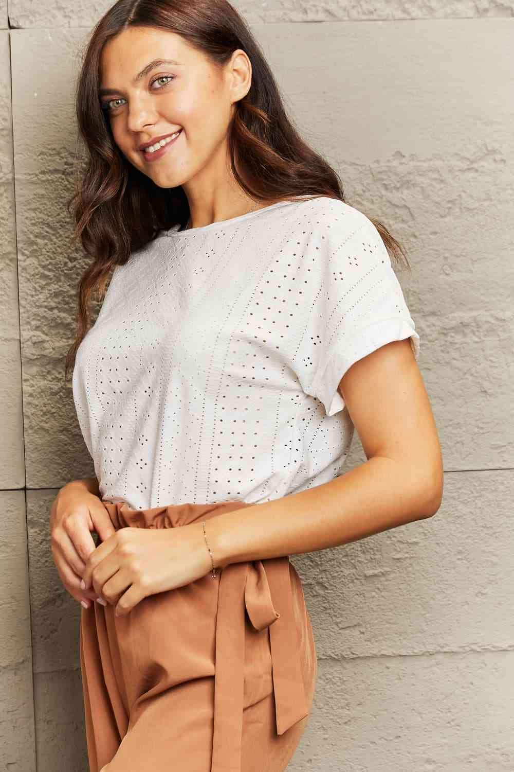 Eyelet Short Sleeve Blouse Blouses - Tophatter Daily Deals