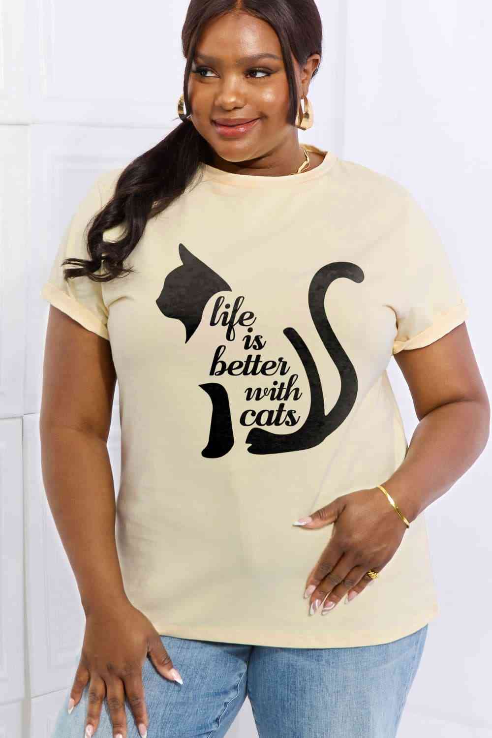 Simply Love Simply Love Full Size LIFE IS BETTER WITH CATS Graphic Cotton Tee Women's T-Shirts - Tophatter Daily Deals