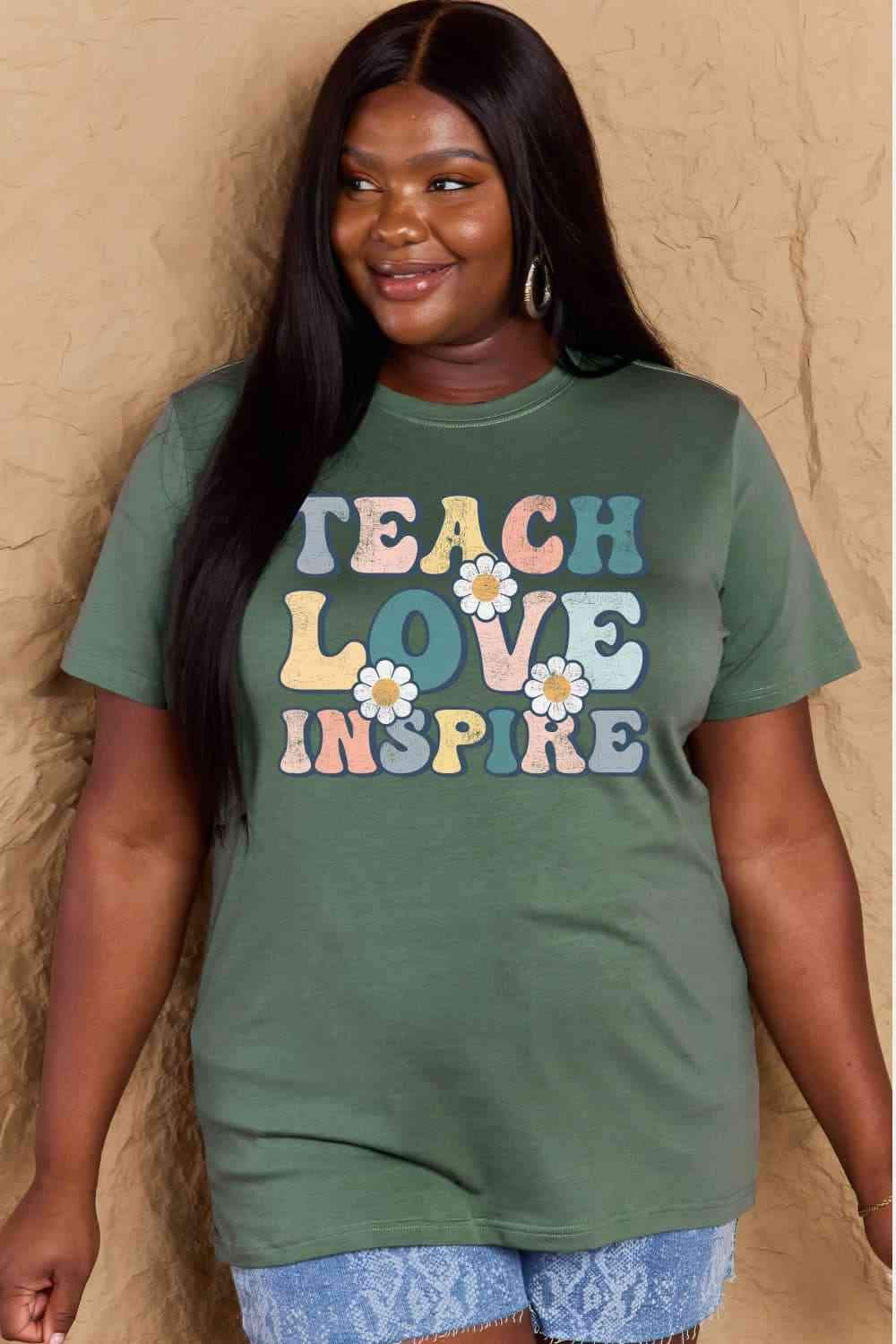 Simply Love Full Size TEACH LOVE INSPIRE Graphic Cotton T-Shirt Women's T-Shirts - Tophatter Daily Deals