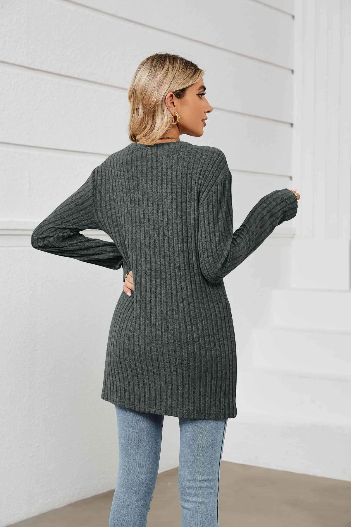 Notched Neck Ribbed Long Sleeve T-Shirt Women's T-Shirts - Tophatter Daily Deals