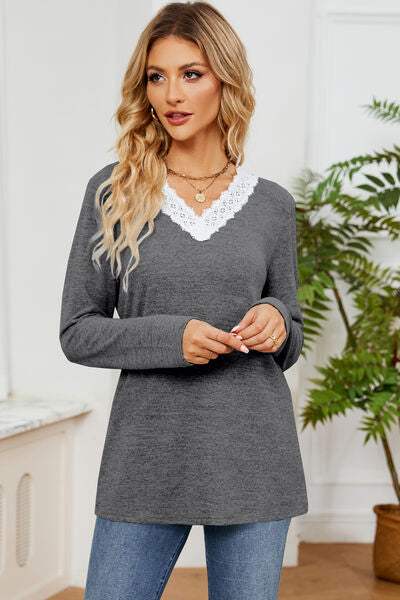 Lace Detail V-Neck Long Sleeve T-Shirt Women's T-Shirts - Tophatter Daily Deals