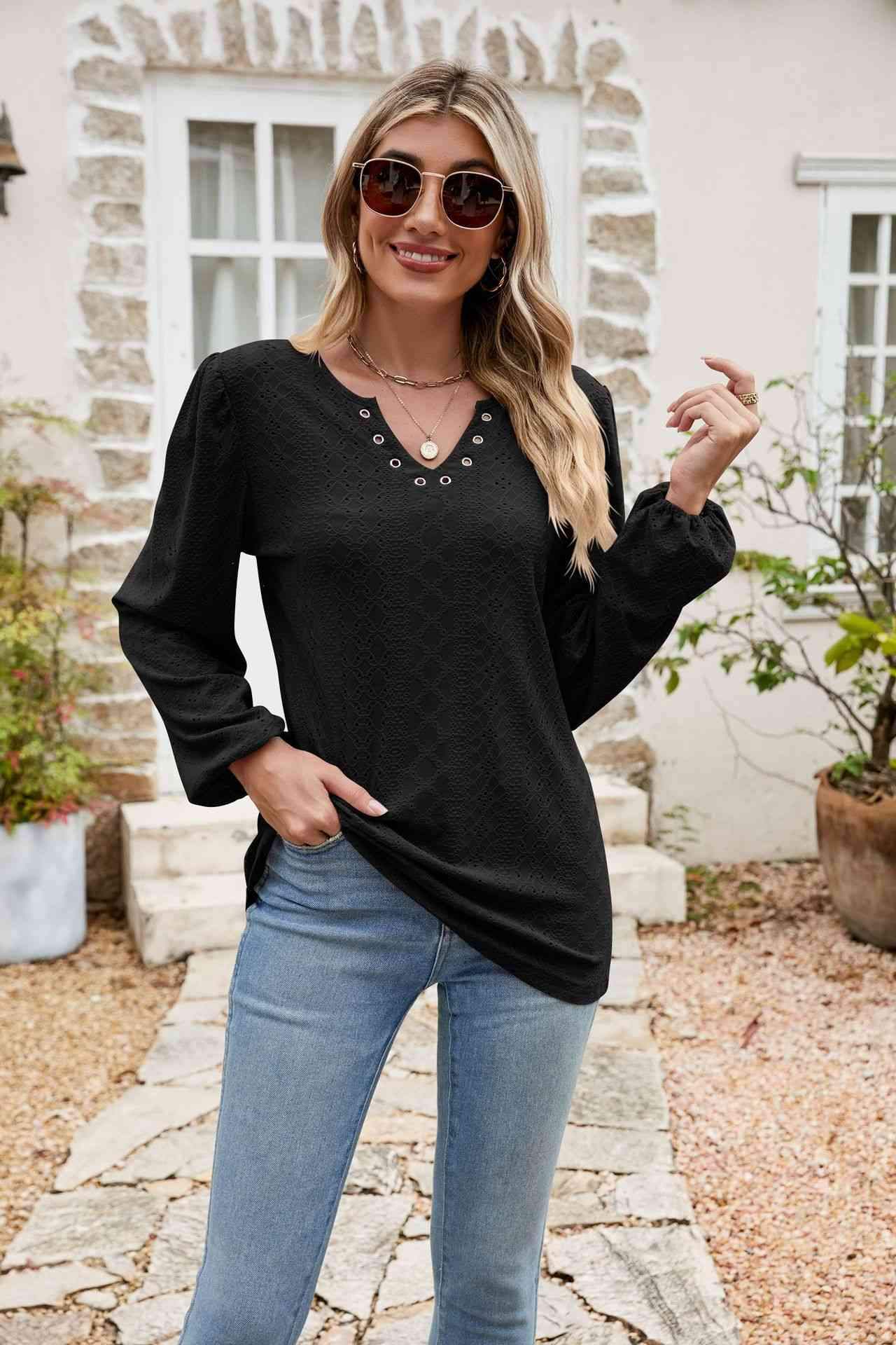 Eyelet Notched Neck Balloon Sleeve Blouse Black Blouses - Tophatter Daily Deals