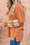 Waffle-Knit Leopard Long Sleeve Slit Blouse Blouses - Tophatter Daily Deals