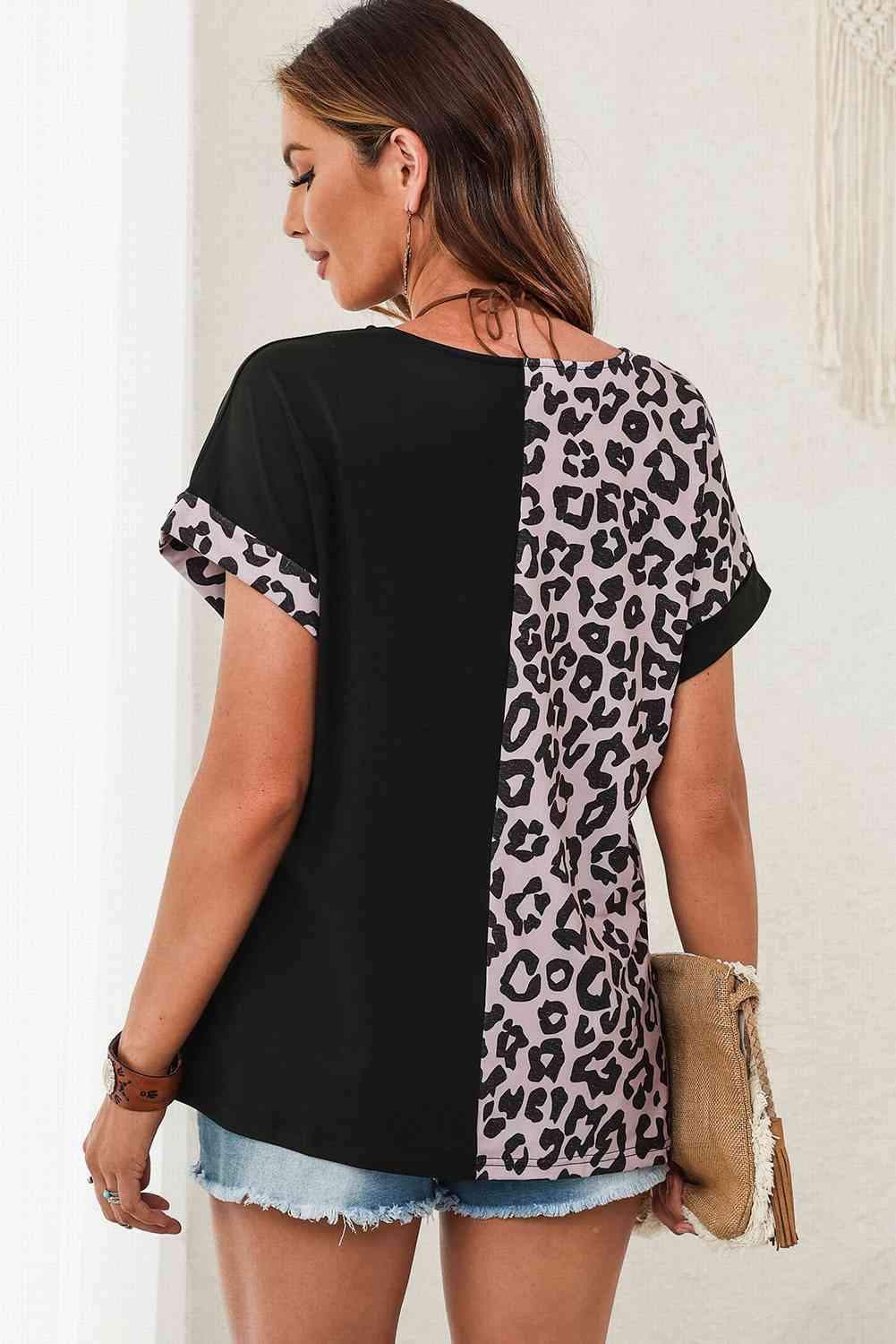 Leopard Two-Tone Round Neck Tee Women's T-Shirts - Tophatter Daily Deals