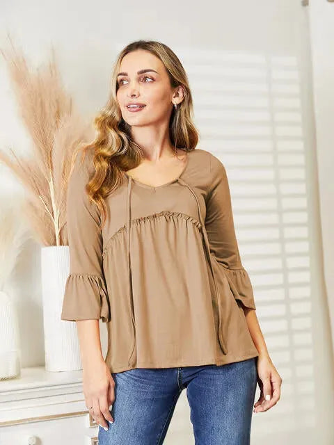 Ninexis Flounce Sleeve Full Size Babydoll Blouse Khaki Blouses - Tophatter Daily Deals