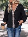 Contrast V-Neck Long Sleeve Blouse Black Blouses - Tophatter Daily Deals