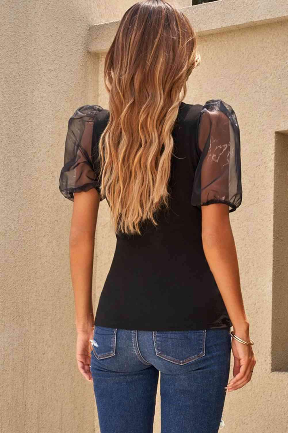 Spliced Mesh Puff Sleeve Blouse Blouses - Tophatter Daily Deals