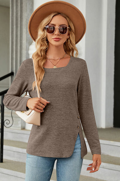 Slit Decorative Button Square Neck T-Shirt Taupe Women's T-Shirts - Tophatter Daily Deals