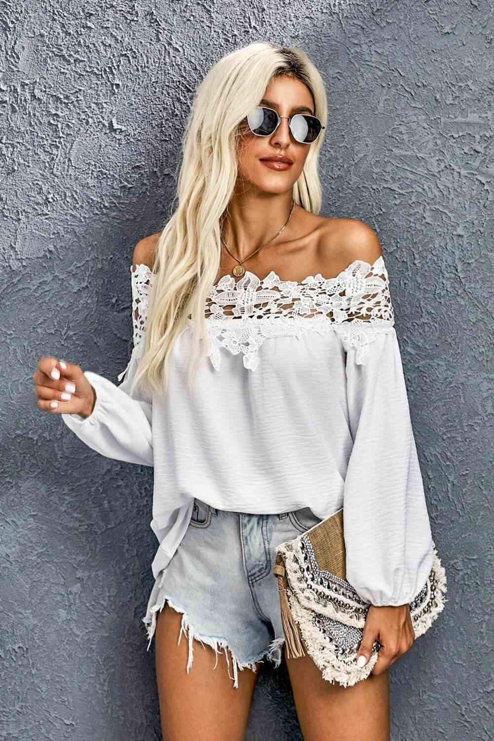 Lace Trim Textured Off-Shoulder Blouse White Blouses - Tophatter Daily Deals