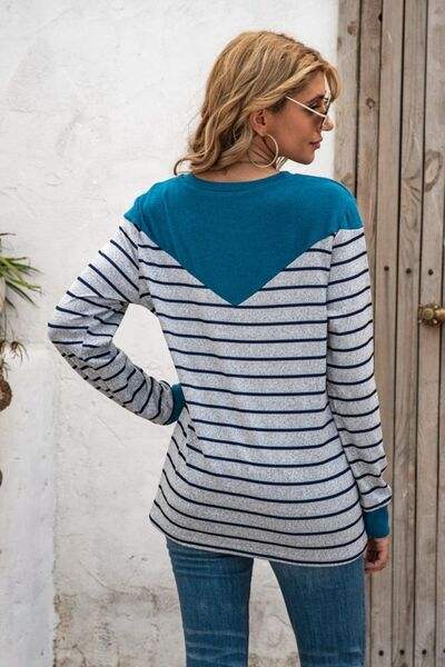 Striped Round Neck Long Sleeve T-Shirt Women's T-Shirts - Tophatter Daily Deals