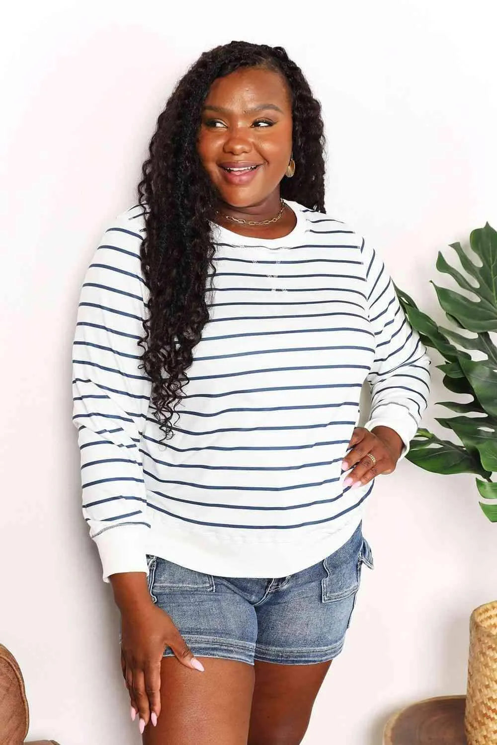 Double Take Striped Long Sleeve Round Neck Top Blouses - Tophatter Daily Deals