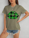 Plaid Lip Graphic Round Neck T-Shirt Army Green Women's T-Shirts - Tophatter Daily Deals