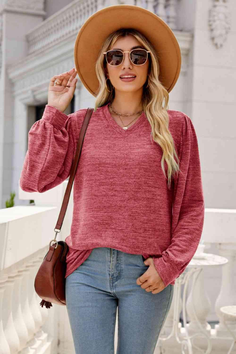 Long Puff Sleeve V-Neck Top Women's T-Shirts - Tophatter Daily Deals